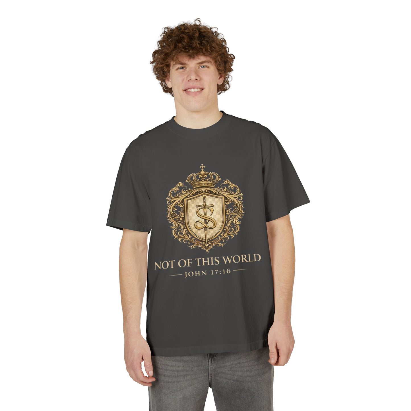 Not of This World T-Shirt — 'Santo Cristiano' Gold Crest Christian Tee