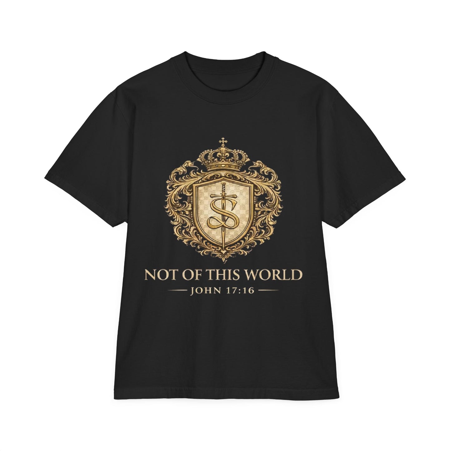 Not of This World T-Shirt — 'Santo Cristiano' Gold Crest Christian Tee