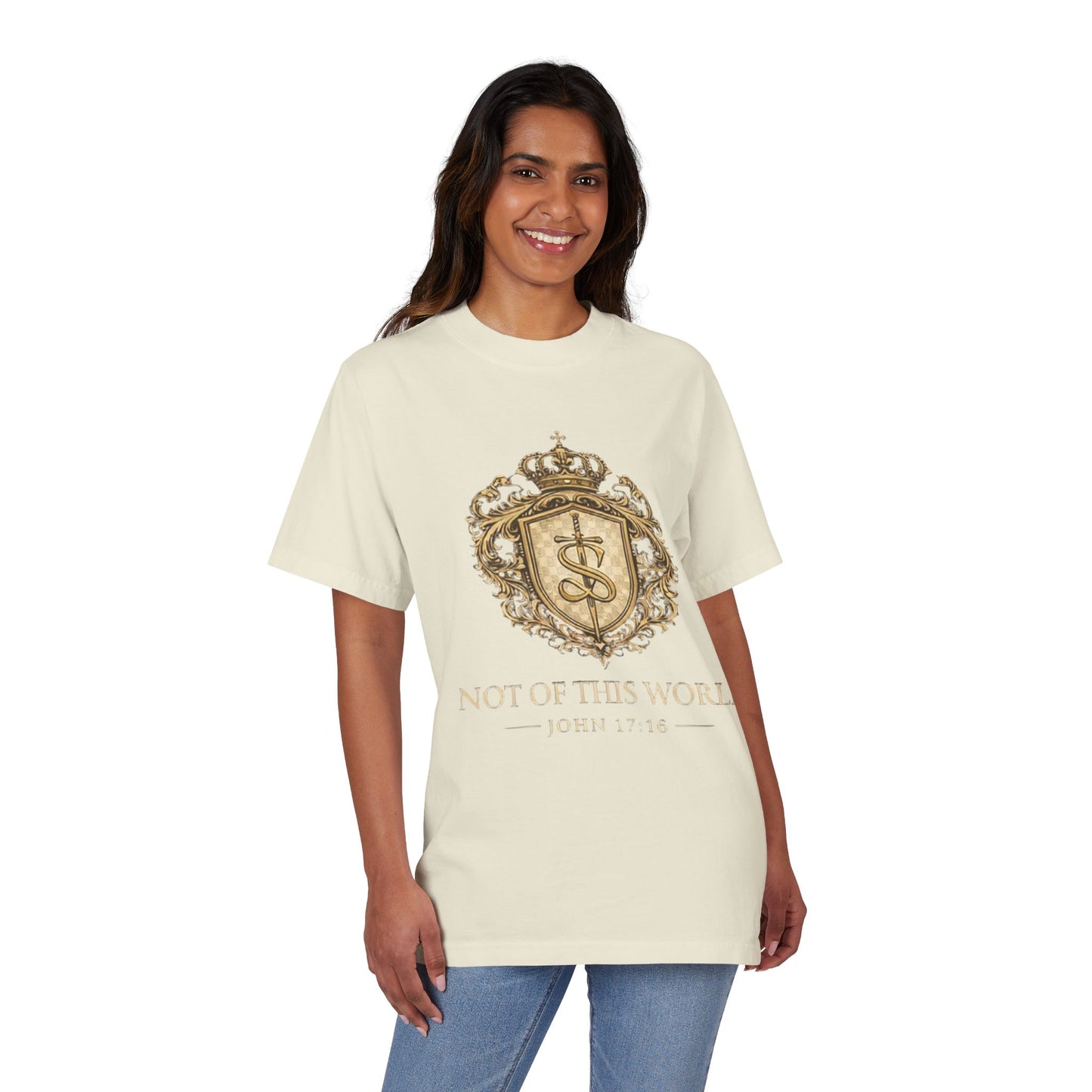 Not of This World T-Shirt — 'Santo Cristiano' Gold Crest Christian Tee