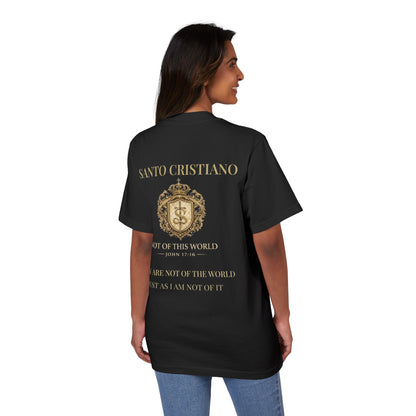Not of This World T-Shirt — 'Santo Cristiano' Gold Crest Christian Tee