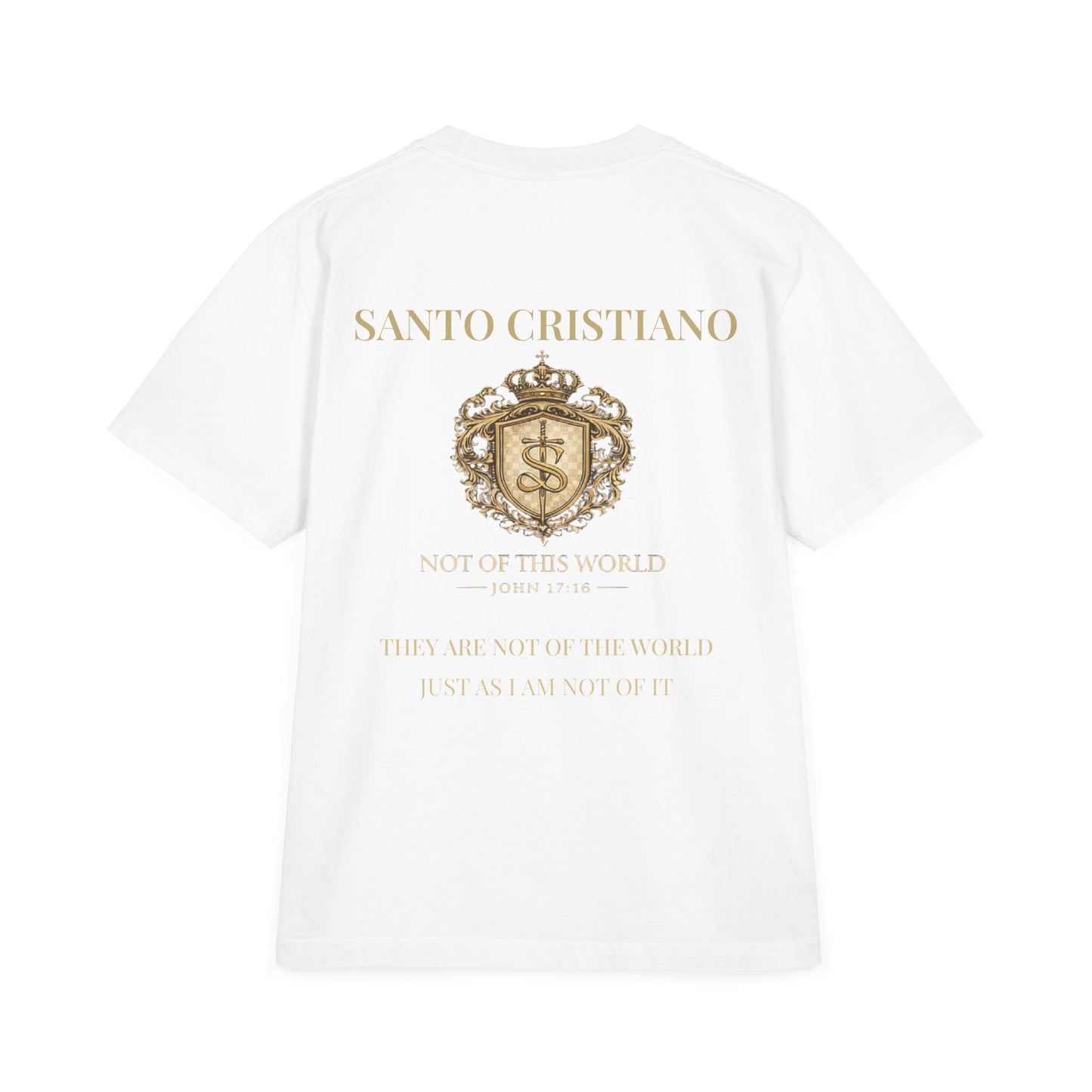 Not of This World T-Shirt — 'Santo Cristiano' Gold Crest Christian Tee