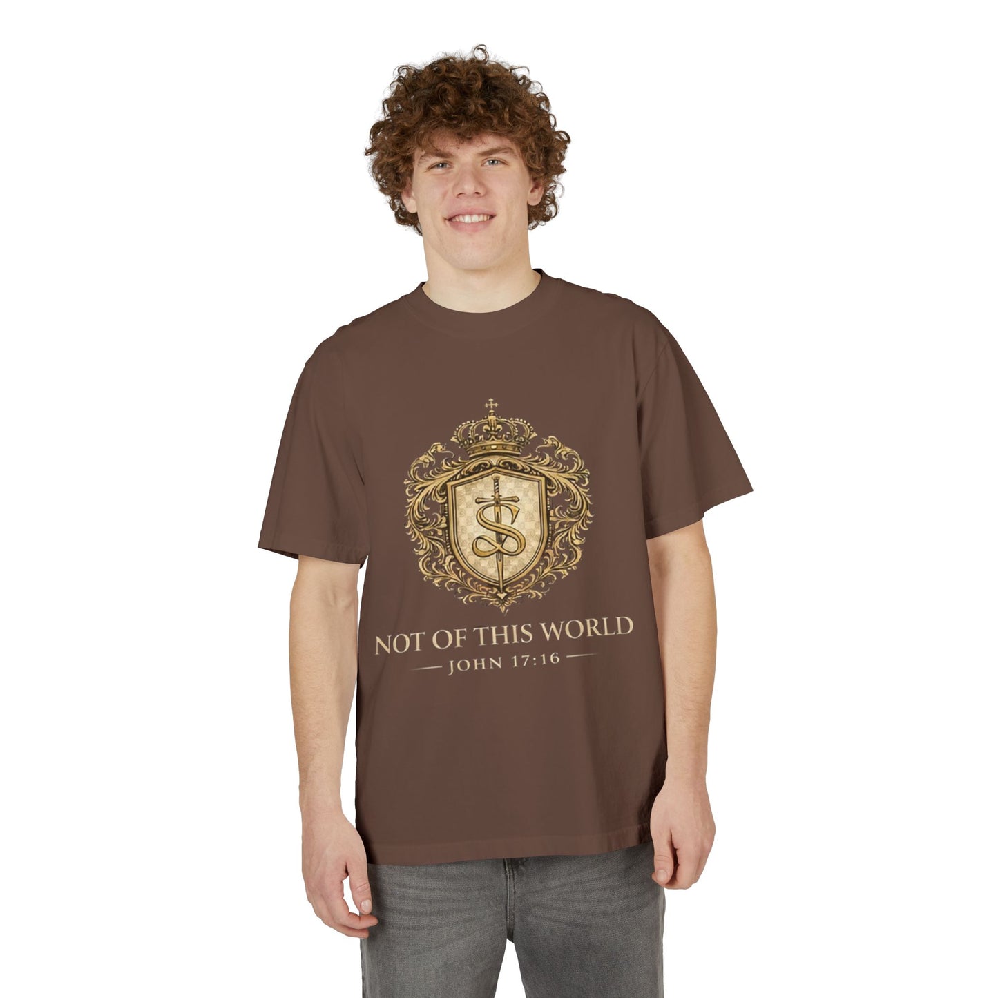Not of This World T-Shirt — 'Santo Cristiano' Gold Crest Christian Tee