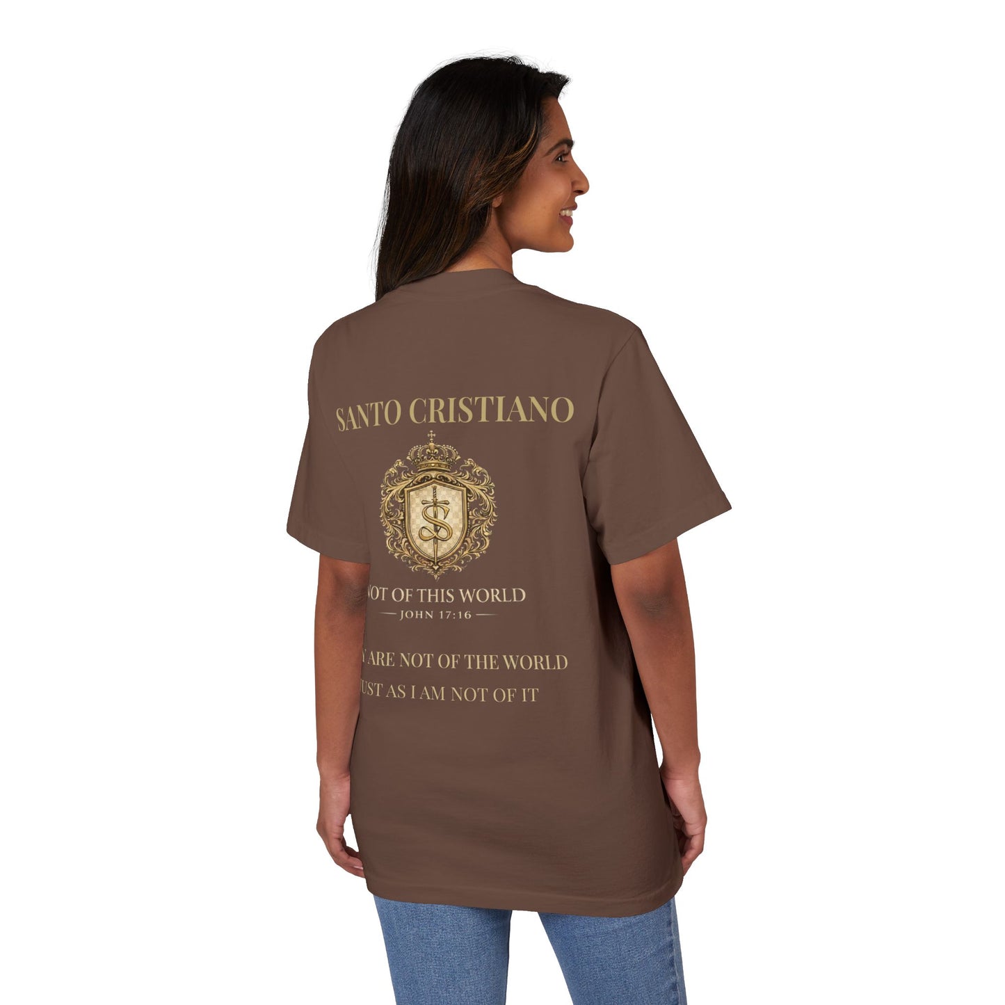 Not of This World T-Shirt — 'Santo Cristiano' Gold Crest Christian Tee