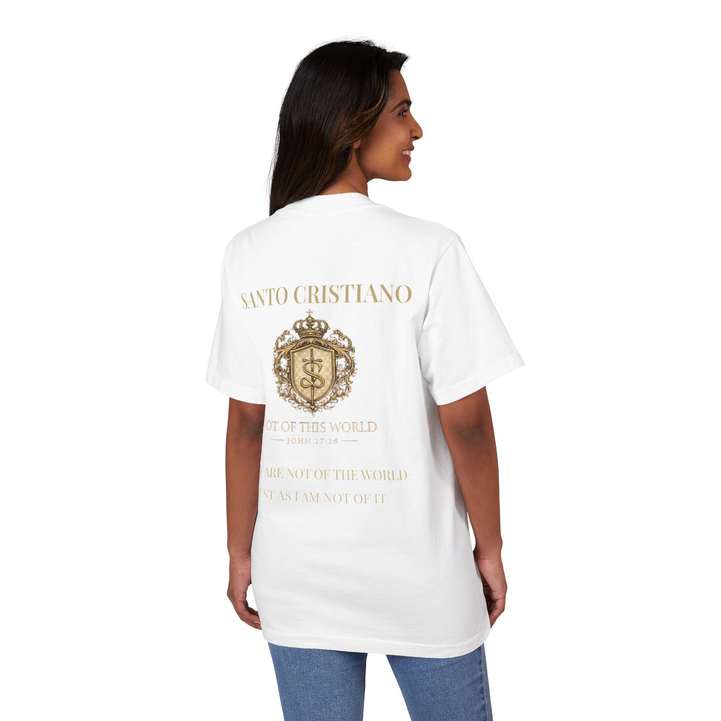 Not of This World T-Shirt — 'Santo Cristiano' Gold Crest Christian Tee