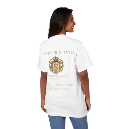 Not of This World T-Shirt — 'Santo Cristiano' Gold Crest Christian Tee