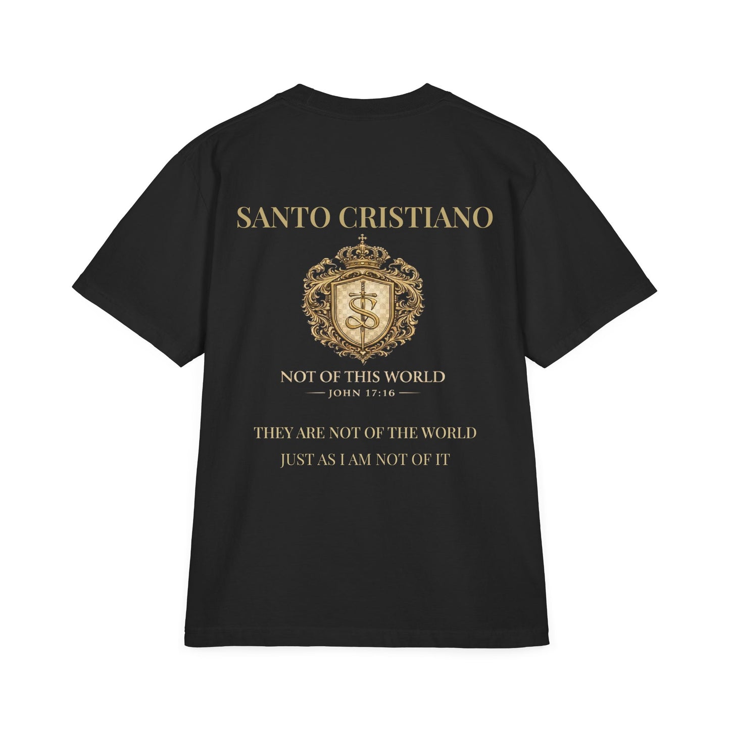 Not of This World T-Shirt — 'Santo Cristiano' Gold Crest Christian Tee