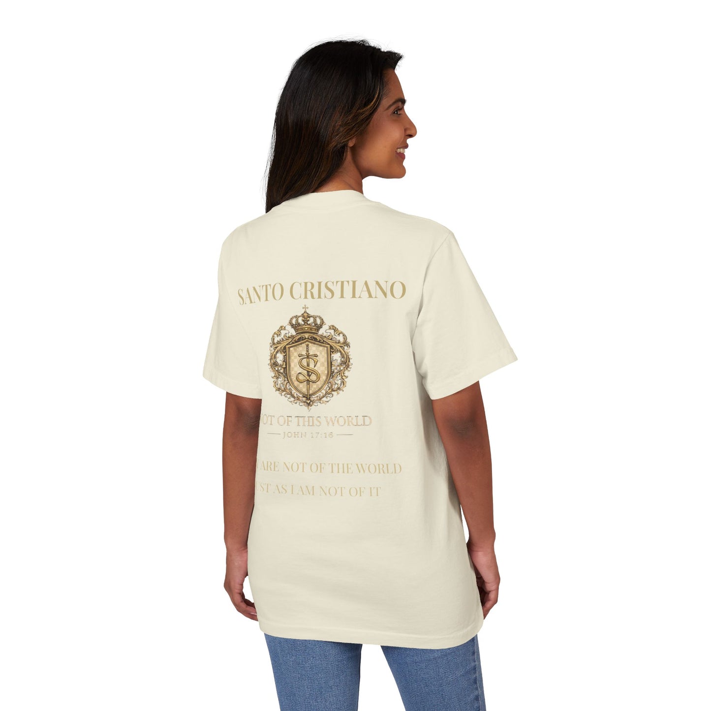 Not of This World T-Shirt — 'Santo Cristiano' Gold Crest Christian Tee