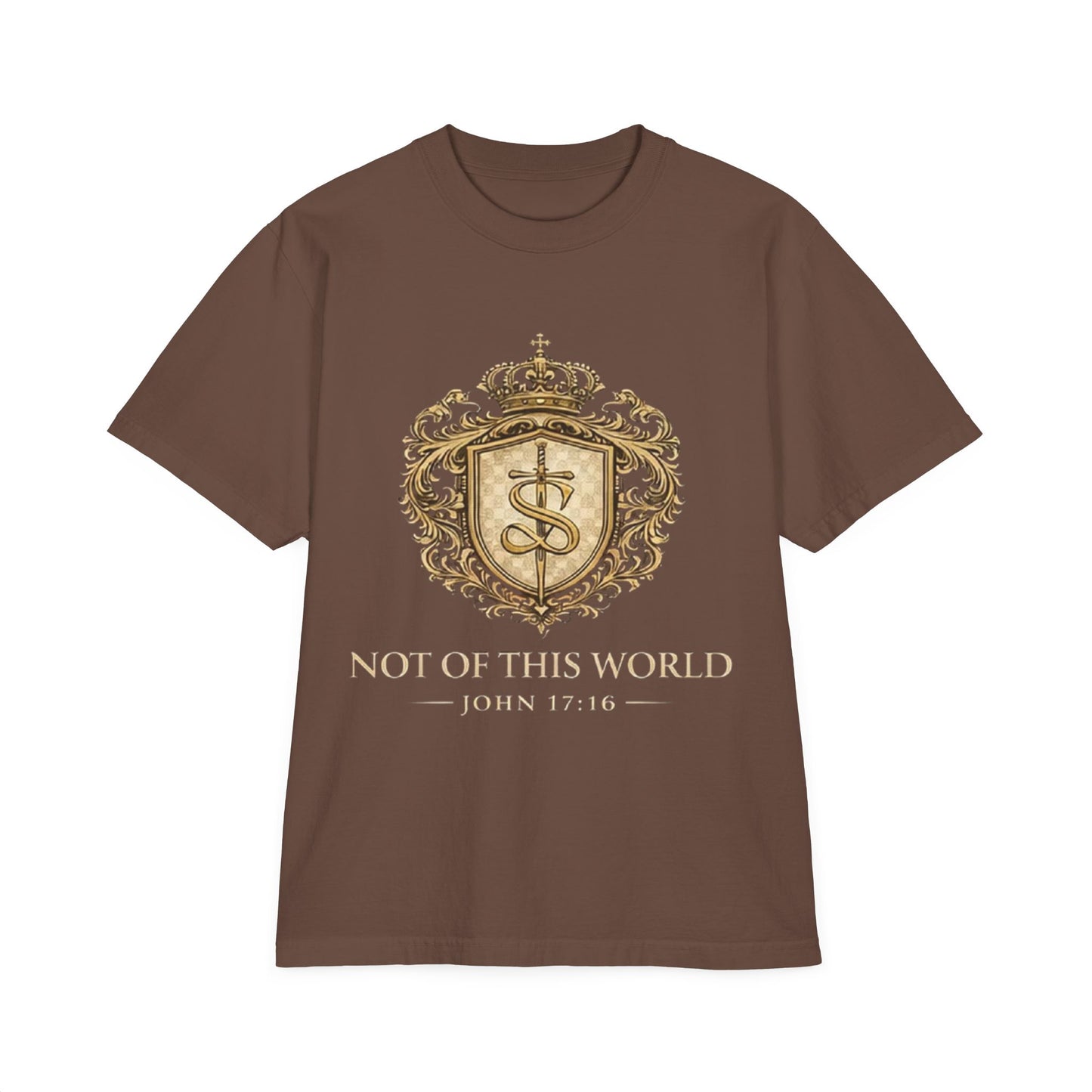 Not of This World T-Shirt — 'Santo Cristiano' Gold Crest Christian Tee