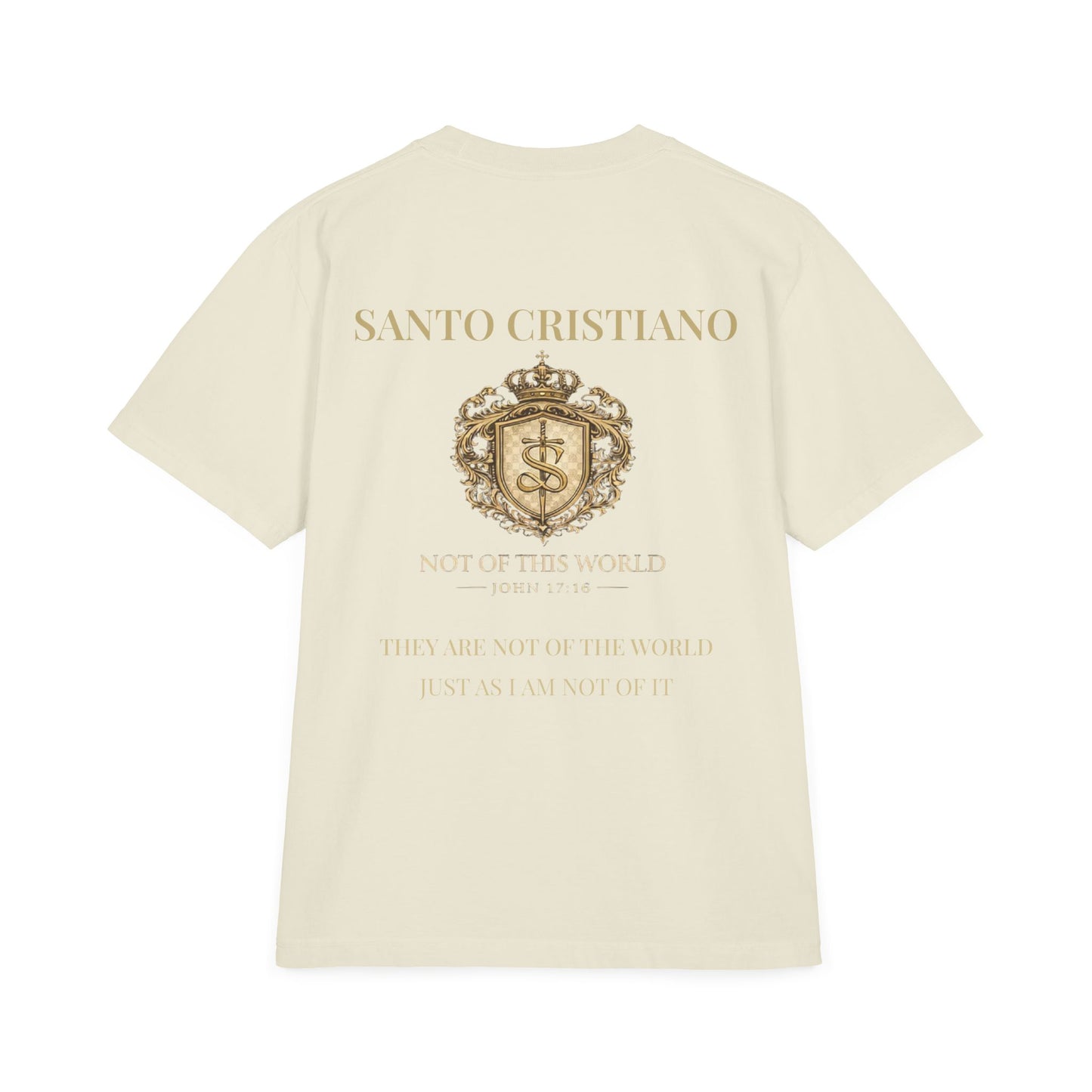 Not of This World T-Shirt — 'Santo Cristiano' Gold Crest Christian Tee