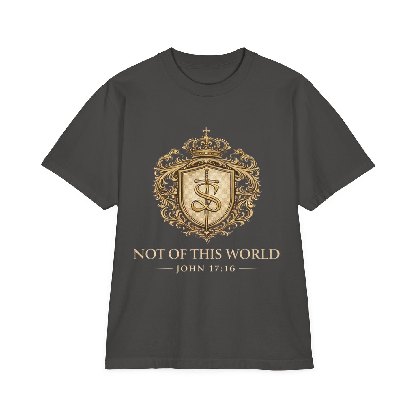Not of This World T-Shirt — 'Santo Cristiano' Gold Crest Christian Tee