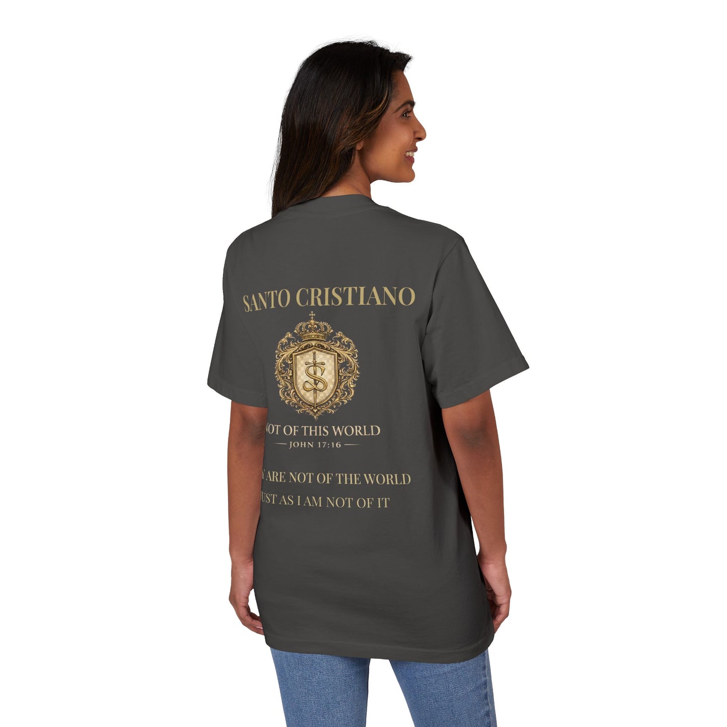 Not of This World T-Shirt — 'Santo Cristiano' Gold Crest Christian Tee