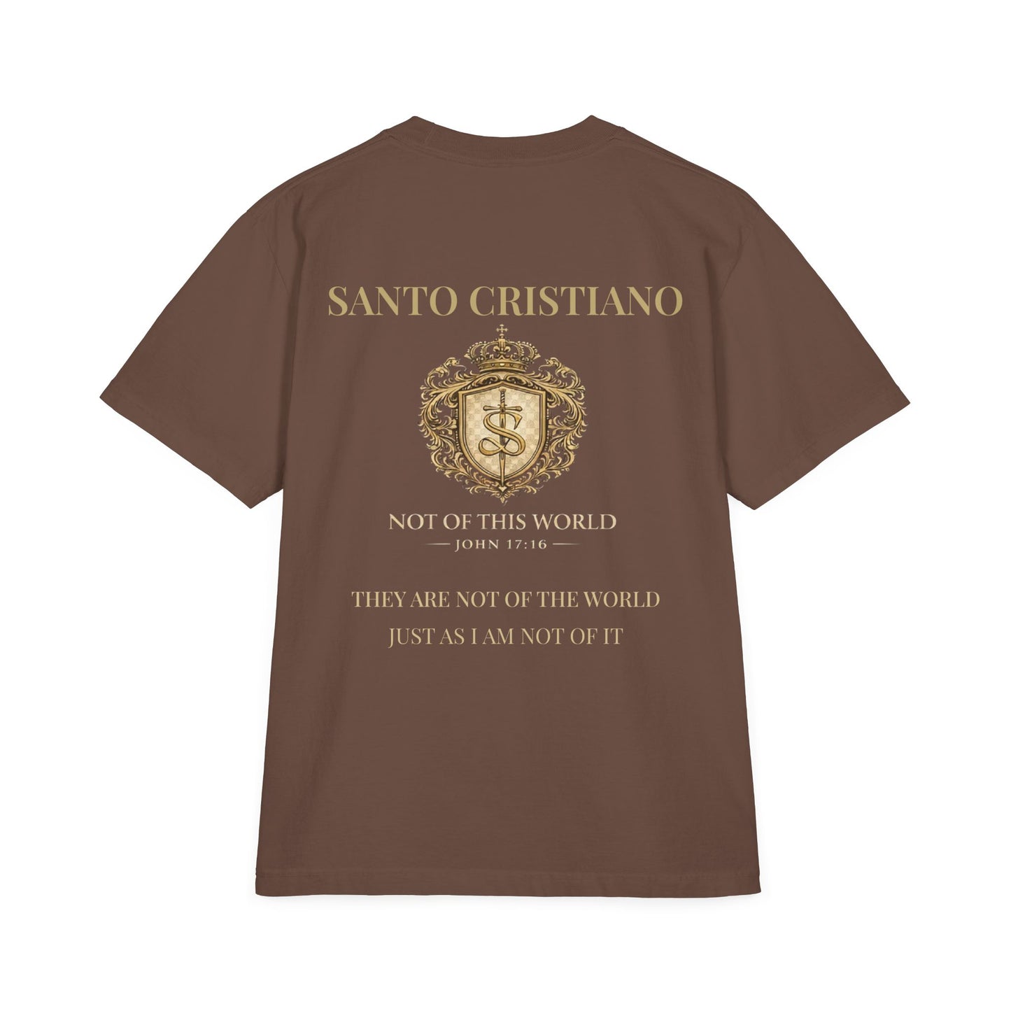 Not of This World T-Shirt — 'Santo Cristiano' Gold Crest Christian Tee